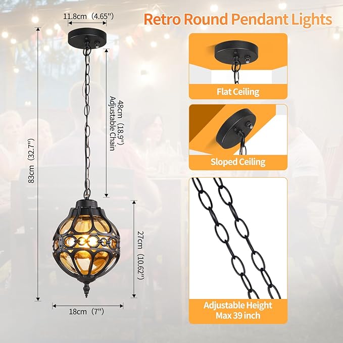 Dusk to Dawn Globe Outdoor Pendant Lights,Vintage Exterior Hanging Pendant Light Fixtures with Adjustable Chain, Aluminum Black Outdoor Chandelier for Porch, Gazebo,with Sensor,General