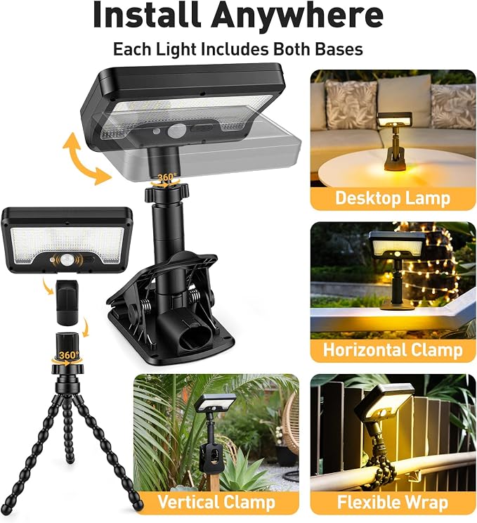 2 Pack Clip On Solar Lights Outdoor with Octopus Tripod, 92 LEDs 3 Color Temps & Remote Control, Motion Sensor Fence Lights Solar Powered, IP65 Waterproof Security Light for Deck, Gutter, Camping