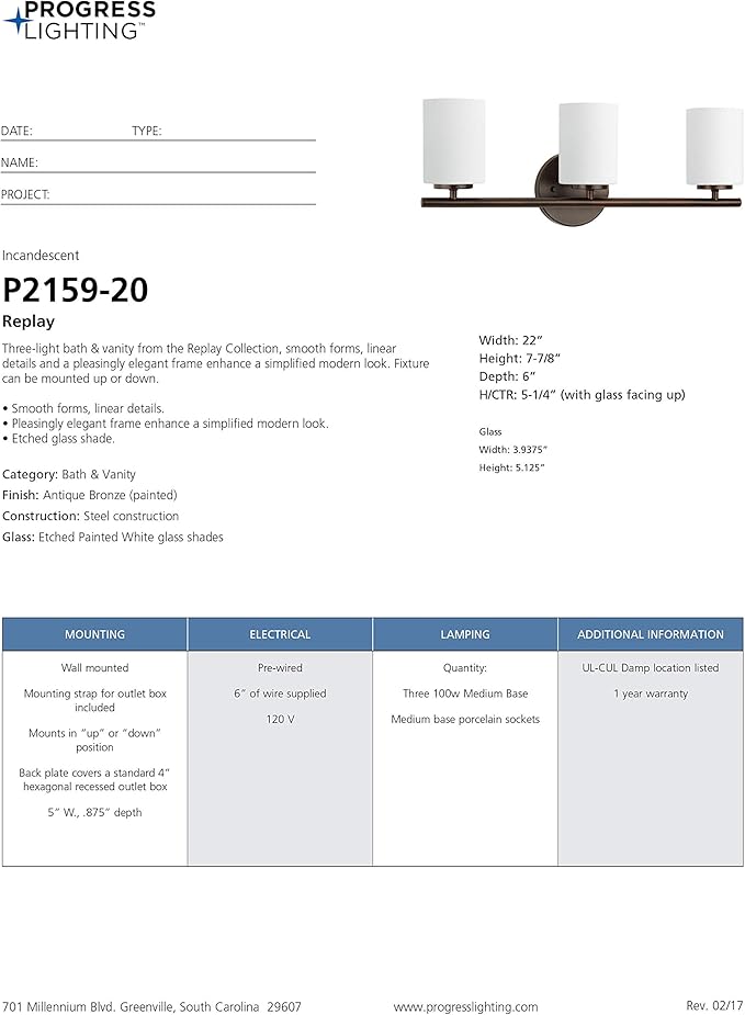 Progress Lighting Replay Collection 3 Light Bathroom Vanity Light, Modern Bath Lighting Fixture with Etched White Glass Shades for Over the Mirror, Reversible Mounting, Antique Bronze