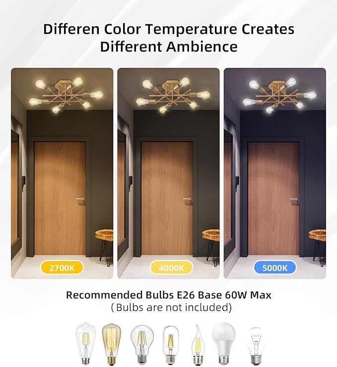 AIHYING Semi Flush Mount Modern Ceiling Light Fixture, Gold 6-Light Modern Mid-Century Chandelier Light Fixture for Hallway Bedroom Dining Room Entryway Foyer UL Listed