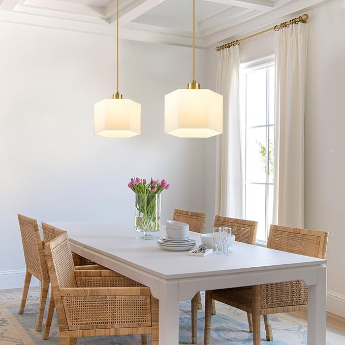 XSDeTu Milk Glass Pendant Lights Kitchen Island 2 Pack, Modern Gold Hanging Light Fixture, Mid-Century Hexagonal Ceiling Lamp, Mini Farmhouse Chandelier for Dining Room Sink Bathroom Bedroom Hallway
