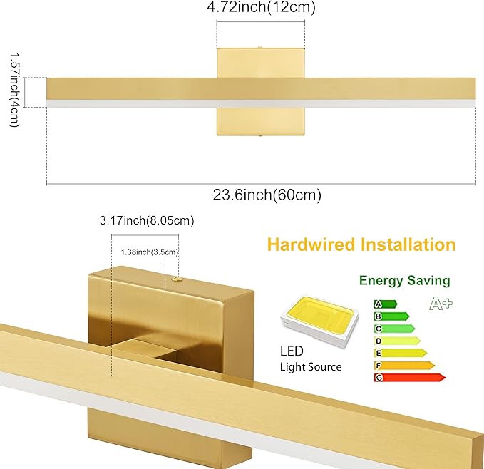Gold Bathroom Vanity Light 23.6 inch, 20W Dimmable 5CCT LED Modern Bathroom Light Fixture Over Mirror Hardwired - ETL Certificated