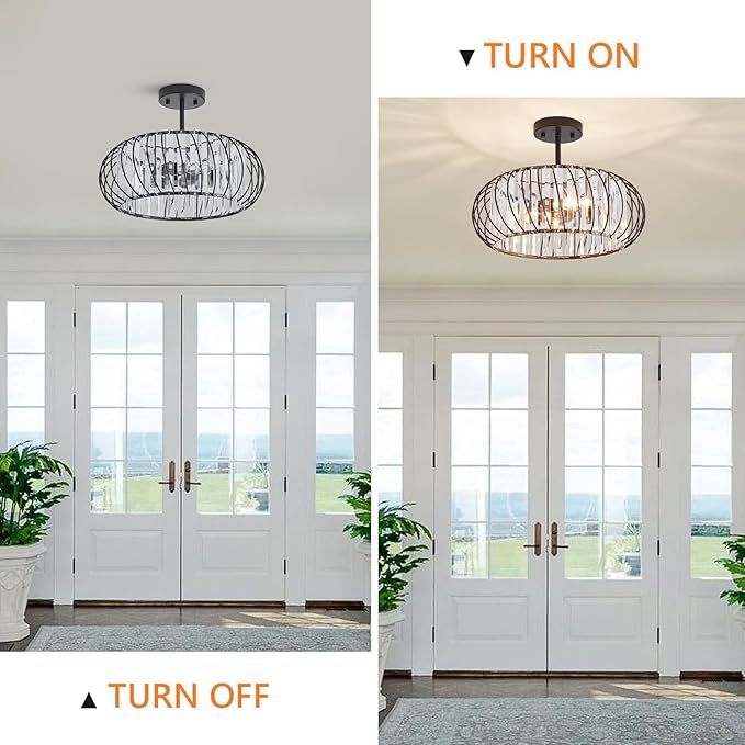 Semi Flush Mount Crystal Ceiling Light, 3-Light 16 Inch Metal Cage Hallway Ceiling Lamps, Farmhouse Ceiling Light Fixture, Industrial Crystal Chandelier for Corridor Bathroom Kitchen (E12 Base)