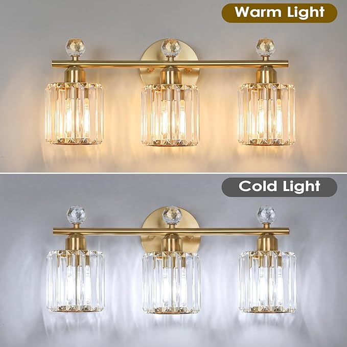 3-Light Gold Bathroom Light Fixtures Modern K9 Crystal Vanity Lights Wall Sconce with Stainless Steel Base, Elegant Bathroom & Bedroom Lighting, Secure Packaging