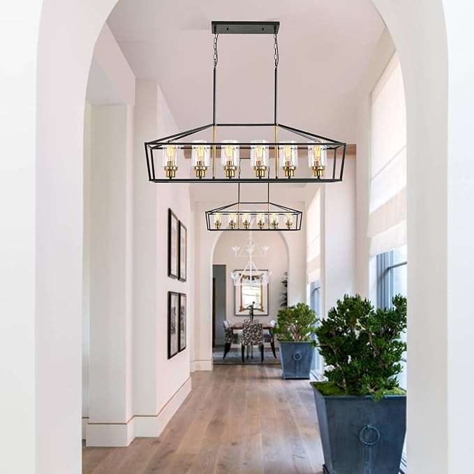 Black Kitchen Island Lighting, 6-Light Modern Farmhouse Dining Room Light Fixtures Over Table, Rectangle Linear Chandelier with Bubble Seeded Glass Shade and Brushed Brass Socket