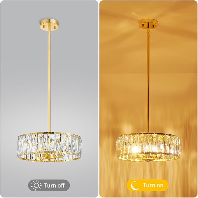 K9 Crystal Chandeliers, 4-Light Modern Pendant Light Fixture for Living Room, Dinning Room, D15 × H9~47inch(Adjustable Height), Gold Finish Frame & K9 Crystal