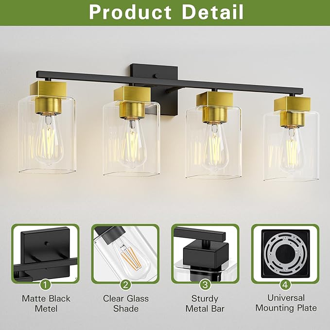 Espird 4 Light Bathroom Vanity Light - Black and Brushed Gold Bathroom Light Fixtures UL Certification, Square Light Fixture Over Mirror, Farmhouse Light Fixtures for Bathroom & Bedroom