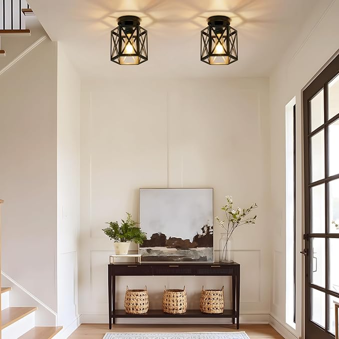 Modern Semi Flush Mount Ceiling Light,1-Light Hexagon Flush Mount Ceiling Lights for Dining Room Light Fixture,Farmhouse Black Metal Kitchen Island Lighting Fixtures for Hallway,Bathroom