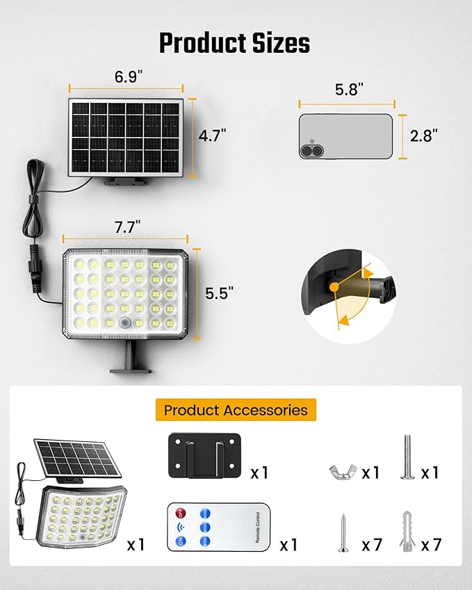 Solar Lights Outdoor Bright Solar Dusk to Dawn Light with 3000 Capactiy Power Operated, IP65 Waterproof Remote Control Outdoor Light, 3 Working Modes for Garage, Porch, Patio, Shed, 1-Pack