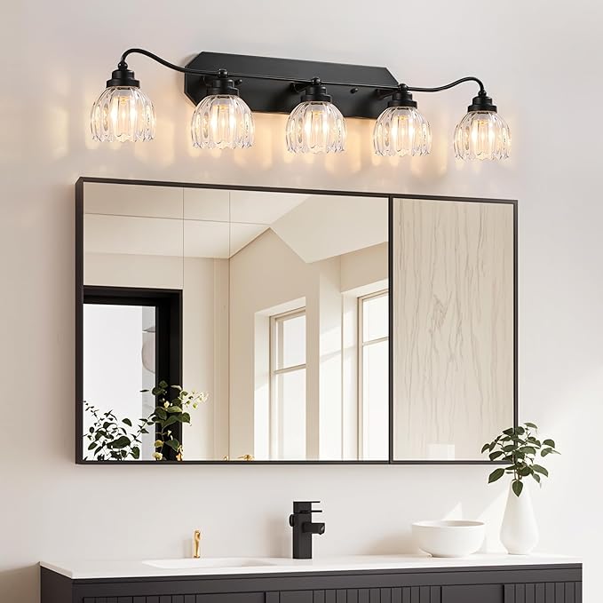 Vintage Bathroom Light Fixtures, 5 Light Bathroom Vanity Light, Black Matte Antique Brass Finish with Crystal Glass Shade, Mid Century Wall Sconces for Bedroom, Living Room, Hallway
