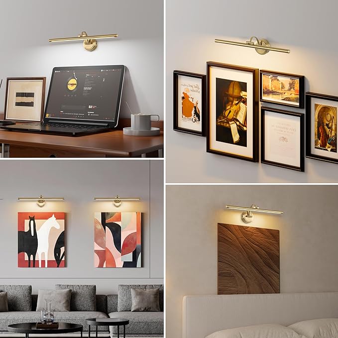 Picture Light for Wall, Dimmable Battery Operated Art Light, Picture Frame Light with Remote & Timer, Cordless Wall Sconce with 3 Colors Temperature for Pantings, Photo Gallery(Brass, 23.6inch)