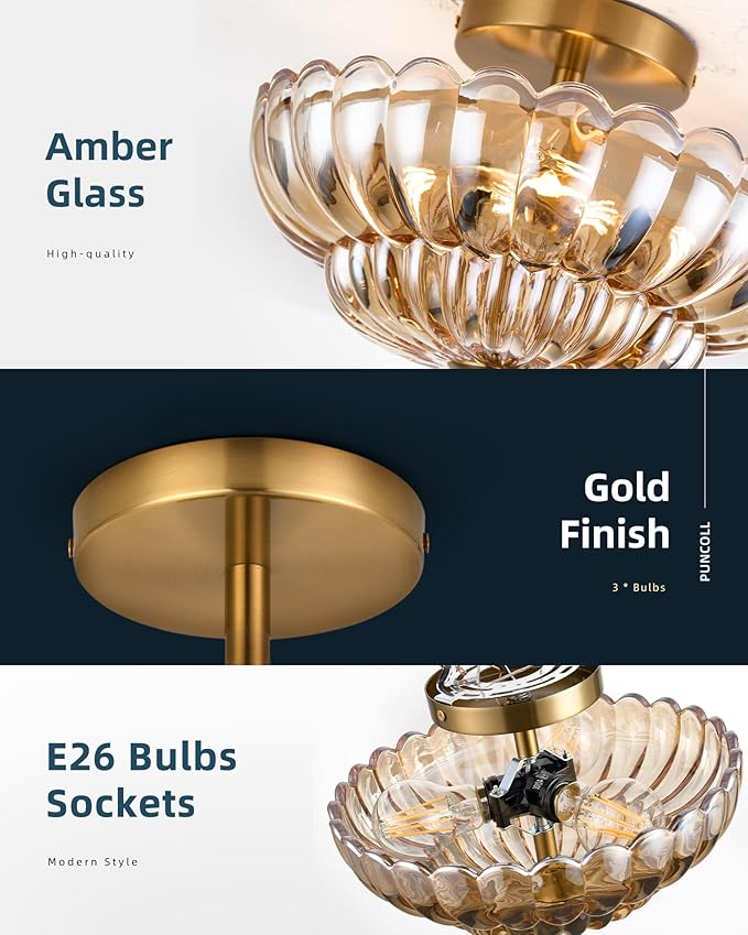 11.8 inch Semi Flush Mount Ceiling Light, 3-Light Close to Ceiling Light Fixtures with Flower Glass, Vintage Ceiling Lights for Hallway Living Room Kitchen Bedroom Bathroom, Amber