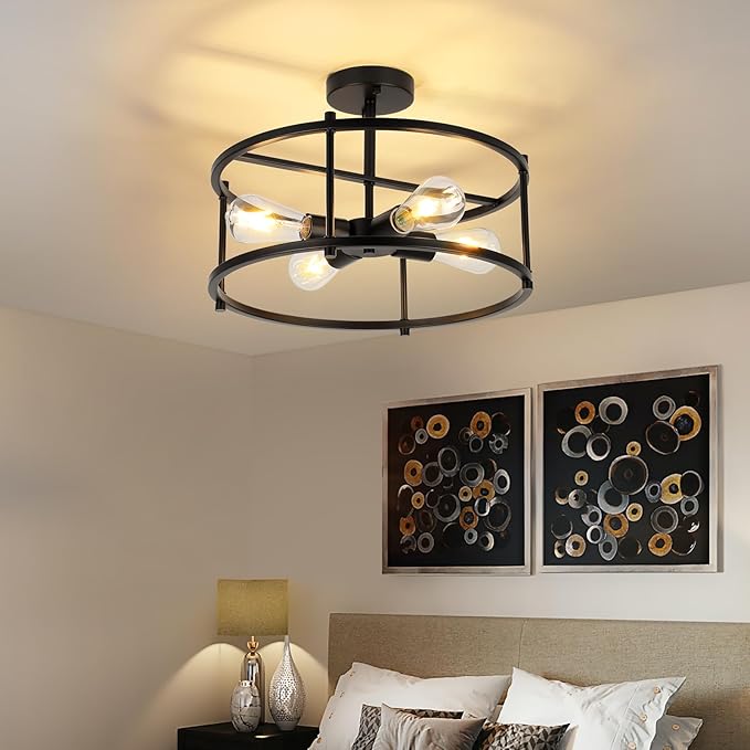 Semi Flush Mount Ceiling Light Fixtures 16.53'' Black Kitchen Light Farmhouse Ceiling Light Fixtures, 4 Light Industrial Semi Ceiling Lights for Bedroom, Dining Room Living Room Hallway