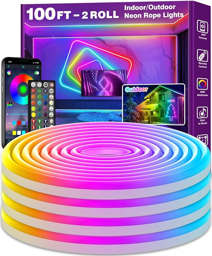 AILBTON 100Ft Neon Rope Lights,Flexible Led Rope Lights Control with App/Remote,Multiple Modes RopeLights,IP65 Outdoor RGB Led Neon Lights NonWater Resistant,Music Sync Gaming Led NeonLight Strip