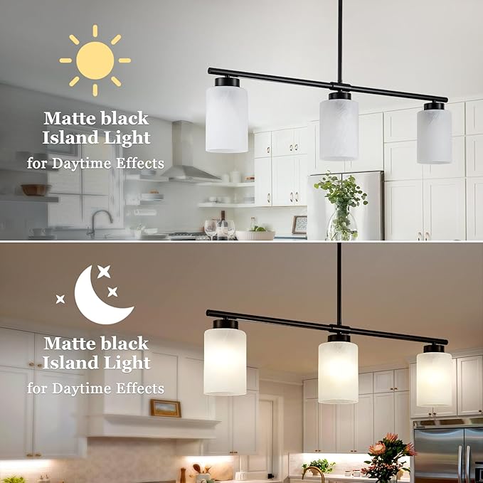 31" Kitchen Island Lighting 3 Light Black Pendant Light for Kitchen Island with Milk Glass Shade Modern Linear Chandelier Adjustable Hanging Farmhouse Light Fixtures Over Dining Table Living Room，E26