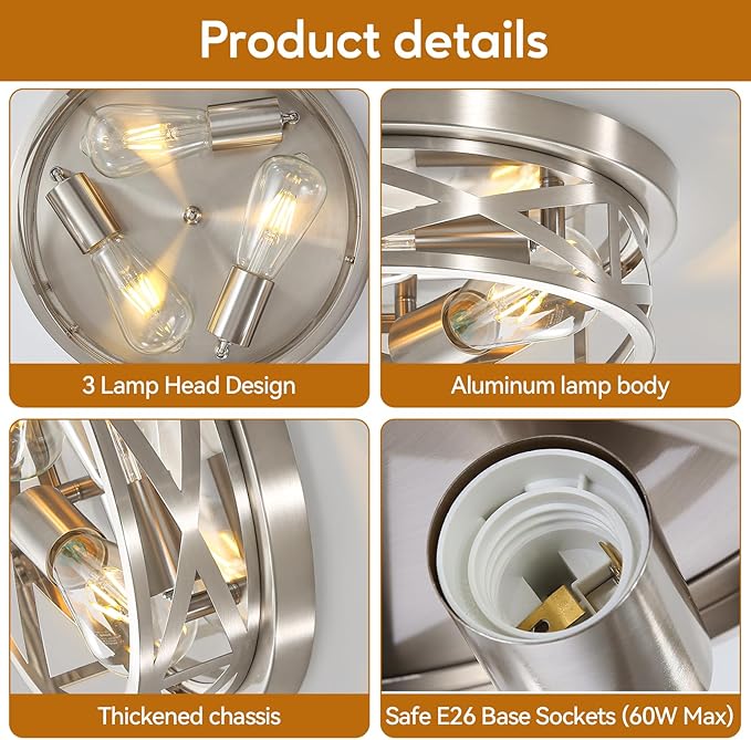 2 Pack Brushed Nickel Flush Mount Ceiling Light, 3-Light Close to Ceiling Light Fixtures, 13 Inch Metal Ceiling Lights for Bedroom, Living Room, Porch Kitchen