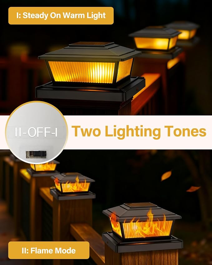 KEILAIMO Solar Post Cap Lights Outdoor for 4x4 5x5 6x6 Wood/Vinyl Posts, 12 Pack Fence Post Solar Lights with Flickering Flame & Warm Modes for Deck/Garden/Patio, IP65 Waterproof - Black