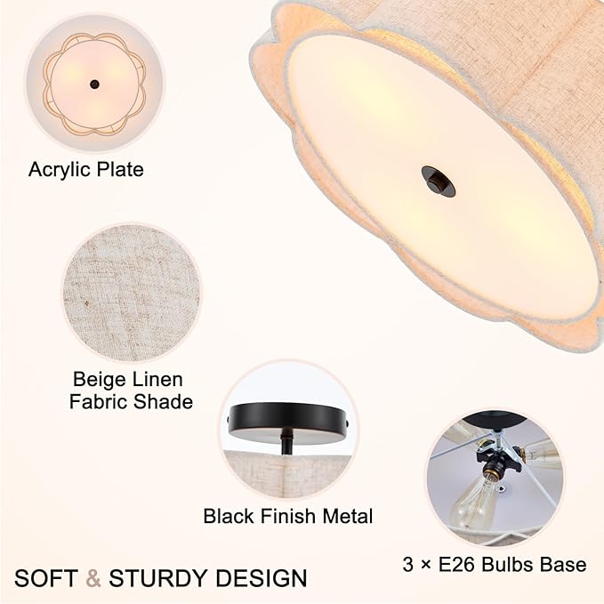 Semi Flush Mount Ceiling Light, Beige Linen Fabric Shade Ceiling Light, Black Modern Farmhouse Close to Ceiling Light for Bedroom, Hallway, Living Room, Dining Room, Laundry Room