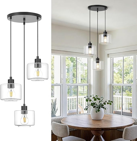 3-Light Pendant Lighting, Black Dining Room Chandelier Light Fixture Over Table with Clear Glass, Modern Cluster Hanging Lights for Kitchen Island Dining Room Sink, OS-YQ8153-3BKC