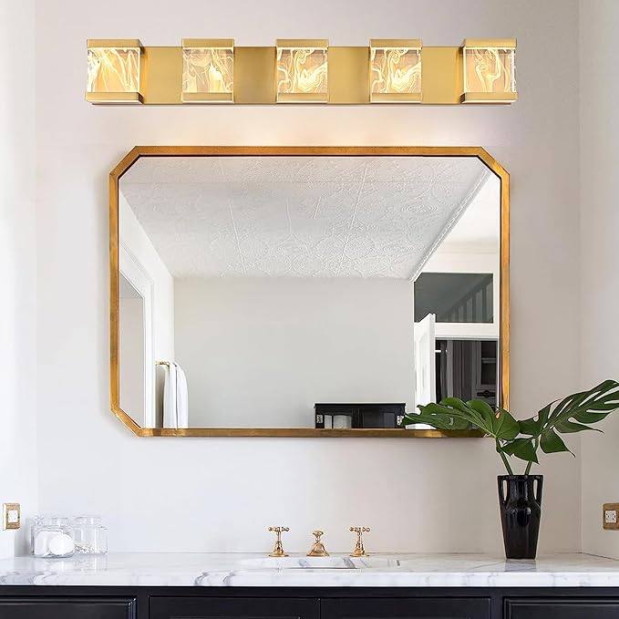 MELUCEE LED Bathroom Lighting Fixtures Over Mirror 25W 3000K Warm Lighting, 5 Lights Brass LED Vanity Lighting Bar with Unique Smoke Acrylic Panel, Wall Sconces for Bath Powder Room Entryway