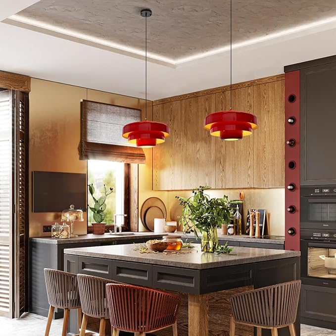 Red Pendant Light, Industrial Metal Pendant Light Fixtures, 3-Layer Shade Design, 13.8-inch Dome, Red Finish, Kitchen Light Fixtures for Dining Table