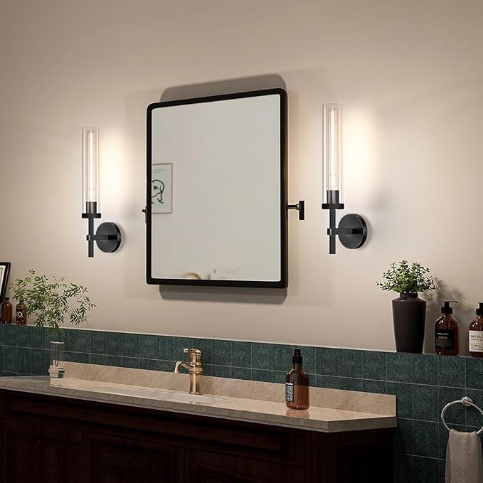 Modern Black Hardwired Wall Sconces 2 Pack, 20'' Knurled Bathroom Wall Sconce, Indoor Wall Sconce,Copper and Glass Vanity Light, for Living, Bedroom, Hallway, Staircases, Include Bulbs