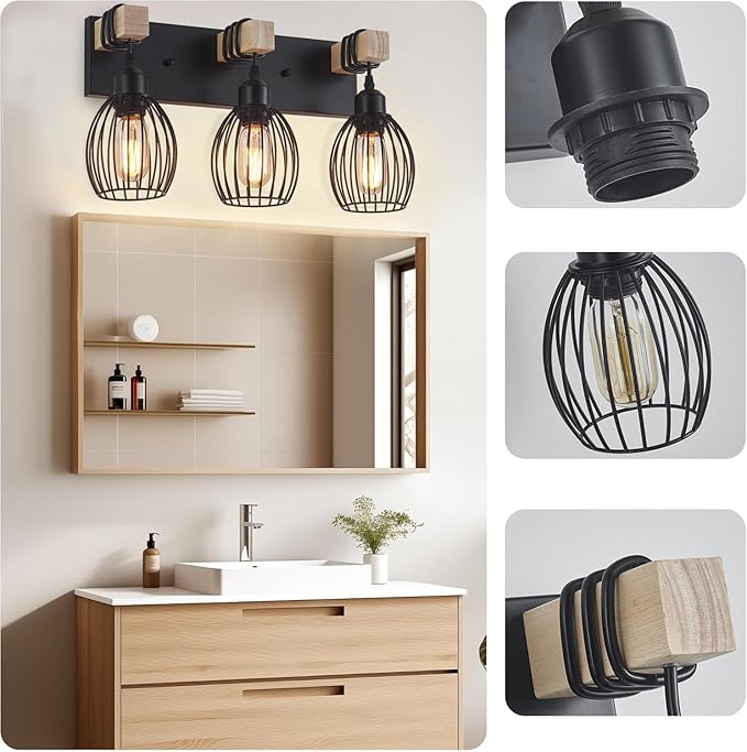 Farmhouse Bathroom Vanity Light, 3-Light Rustic Wood Bathroom Lighting Fixtures Over Mirror, Industrial Black Vanity Lights with Elegant Teardrop Lampshade for Bedroom Living Room Hallway