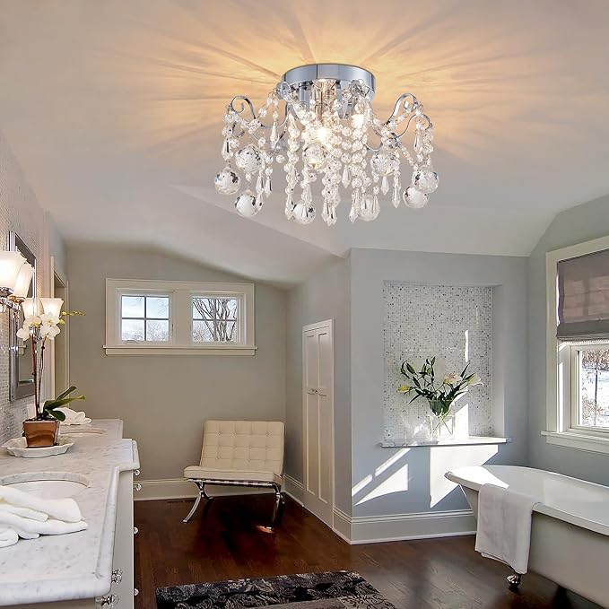Rain Drop Crystal Small Crystal Chandelier Ceiling Light 3-Light Fixture Modern Chrome Iron Material Suitable for Bedrooms, Hallways, Walk-in Closets, Entryways, Stairwells (Chrome)