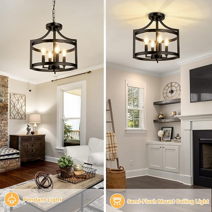 4-Light Farmhouse Chandelier, Modern Hanging Pendant Lighting, Convertible Semi Flush Mount Ceiling Light Fixture Rustic Vintage Black Chandeliers for Dining Room Kitchen Foyer Entryway