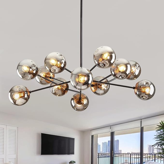 DDLLDESHI Modern Black Chandelier Sputnik Ceiling Light Fixture with 12 Globe Glass Shade Chandeliers for Dining Room Farmhouse Kitchen Living Room Bedroom Office（34" Large Chandelier）