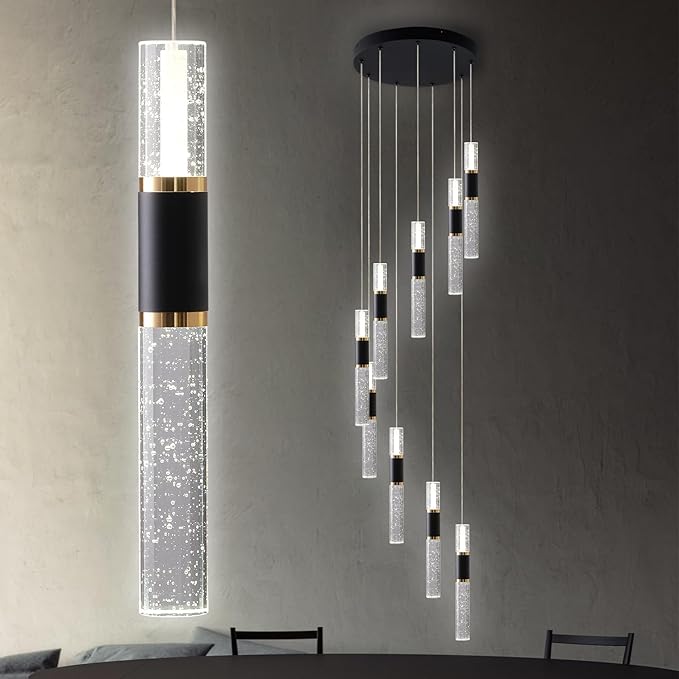 High Ceiling Chandelier Modern 9-Light Led Foyer Chandelier for Entryway Staircase with Remote Controller (3000K-6500K,10%-100% Brightness)
