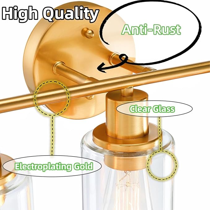 WISBEAM 3-Light Bathroom Vanity Light Over Mirror, Gold Bathroom Wall Sconce with Clear Glass Shade Including E26 Medium Base, Bulb NOT Included