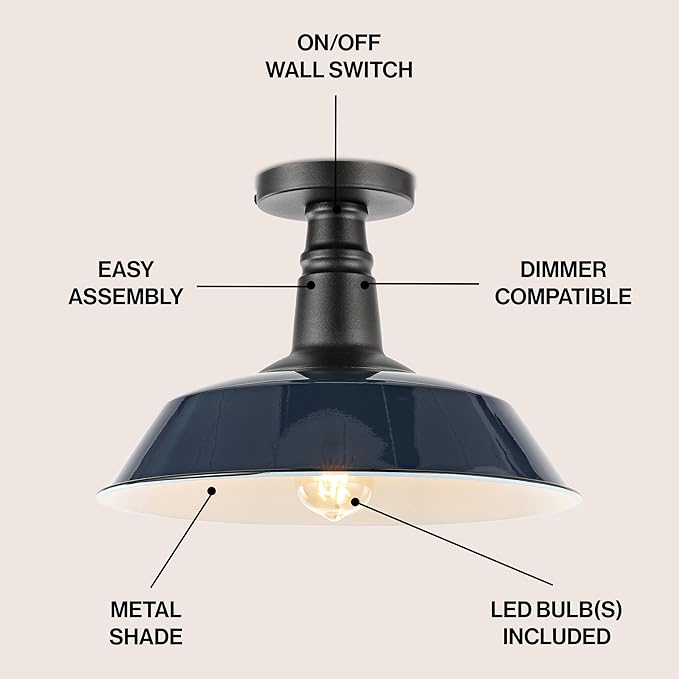 JONATHAN Y 14" Navy/Black 1-Light Industrial LED Semi Flush Mount Ceiling Light for Porch, Kitchen, Entryway, Modern Farmhouse Iron Fixture, White Metal Shade, LED Bulb Included (JYL7617C)