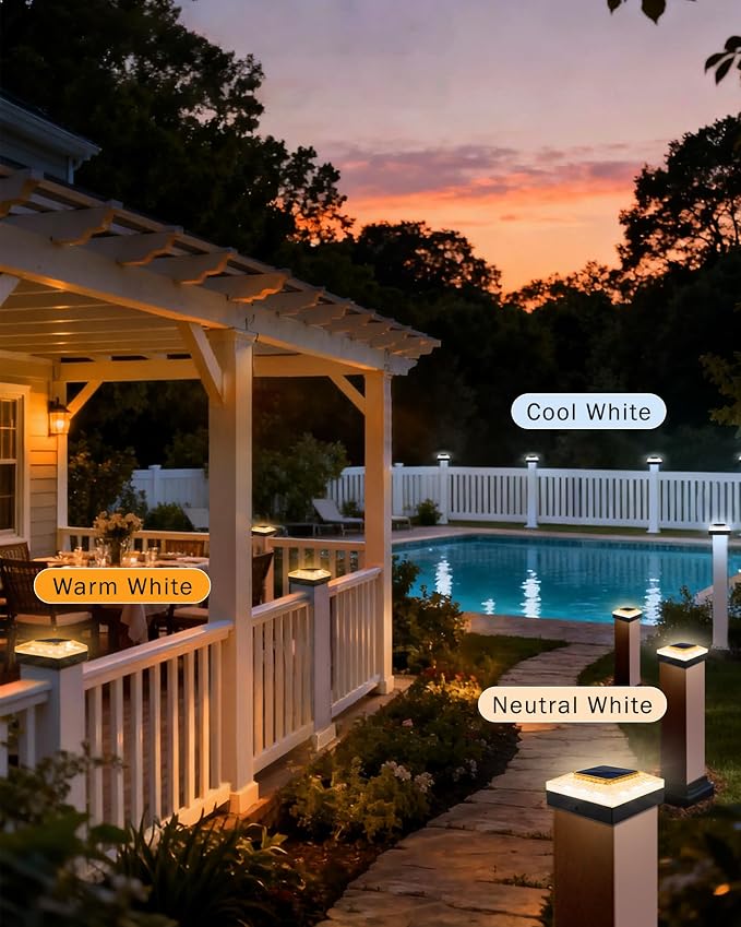 4x4 Post Solar Lights, 3 Colors Fence Light Solar Powered, 2 Brightness Solar Post Cap Lights Waterproof for Wood/Vinyl Posts, Garden, Patio, Deck, Hammered Light, 6 Pack