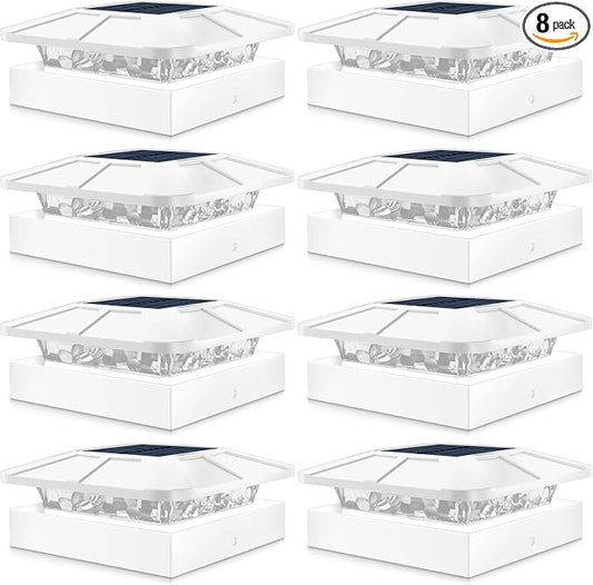 Peasur 4x4 Solar Post Cap Lights Outdoor with 3 Modes, 8 Packs White Fence Light Solar Powered Waterproof, Wood/Vinyl Post Caps for Deck Yard Garden Patio Porch Outside