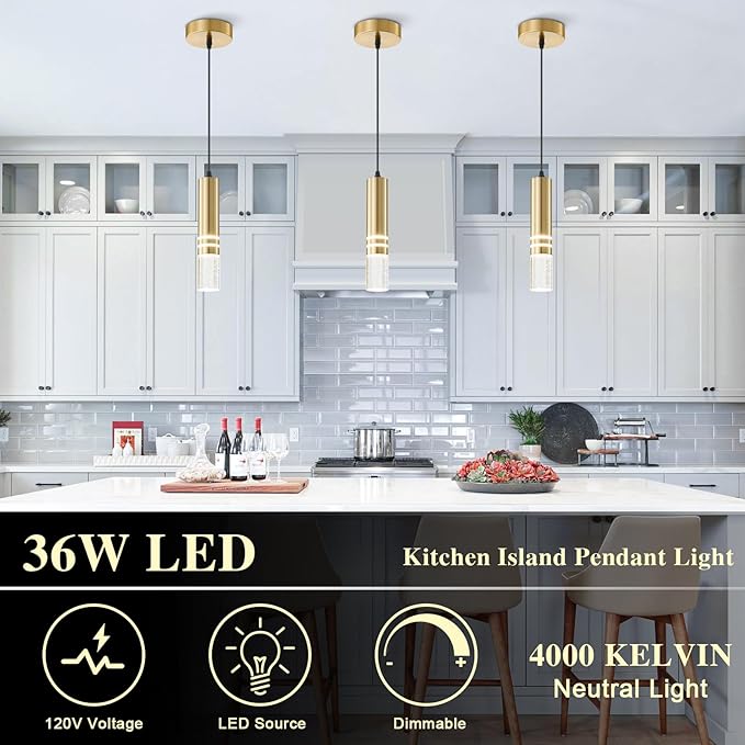 Modern Gold Pendant Light Fixtures(3-Pack) LED Pendant Lights for Kitchen Island Hanging Lamp Small Pendant Lighting for Bar, Kitchen Lighting Island Lights Gold Finish Ceiling Hanging Light