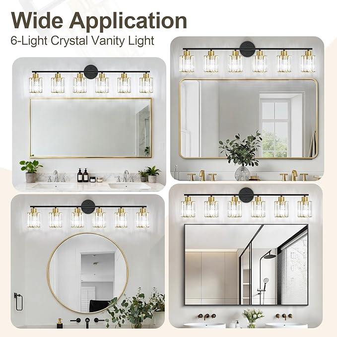 Crystal Bathroom Light Fixtures,Bathroom Lighting Fixtures Over Mirror, Modern 6-Light Brushed Nickel Vanity Lights for Mirror, Restroom,Kitchen(Ceramic E26 Socket,Bulbs Not Include)