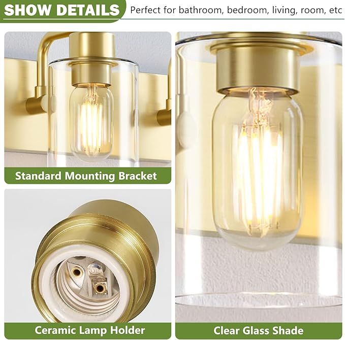 Dpyrrhic Gold Bathroom Light Fixtures,2-Light Bathroom Lights Over Mirror with Clear Glass Shade,Gold Light Fxiture Wall Sconces for Kitchen Living Room Bedroom