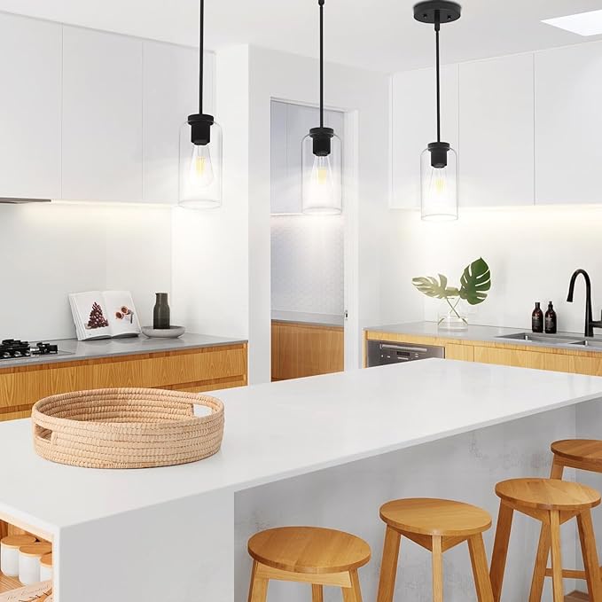 Zevluck Pendant Light Fixtures, Matte Black Pendant Lighting with 5 Adjustable Tubes, Hanging Light Fixtures with Clear Glass Shade, Tiltable Pendant Lighting for Kitchen Island, Dining Room, Bathroom