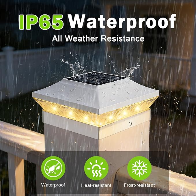 Brightever 3.5x3.5 4x4 Solar Post Cap Lights Outdoor, 8-Pack Solar Fence Post Lights for Wooden/Vinyl Posts, 2 Modes (Warm/Cool White), Solar Powered Waterproof Deck Post Lights for Patio Porch, White