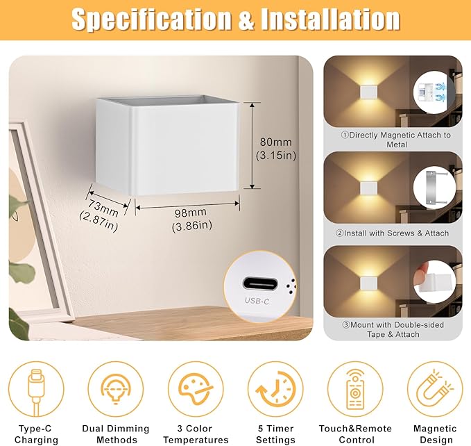 Yochoice Motion Sensor Wall Light Indoor Set of 2, 6000mAh Wireless Rechargeable Battery Operated LED Sconce Up Down with Touch Remote Control, Battery Powered Magnetic Wall Lamps with 3CCT, White