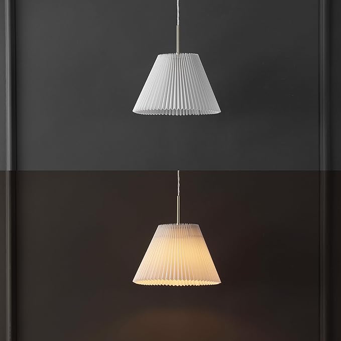JONATHAN Y 14.25" Brass Gold 1-Light Iron Pendant Light, Classic French Country with White Pleated Shade, Adjustable Height Vintage Shabby Chic Style, LED Bulb Included JYL2407A
