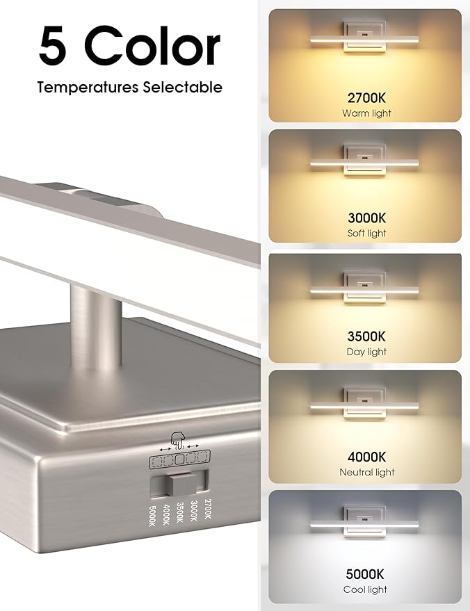 VOLISUN Modern Bathroom Vanity Light 15.7 inch, Rotatable, 12W Dimmable 5CCT Led Bathroom Light Fixture Over Mirror, Brushed Nickel Bar Vanity Light for Bathroom Mirror Restroom-ETL Certificated