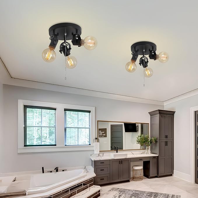 SEEBLEN 3 Light Flush Mount Ceiling Light with Pull Chain, Industrial Kitchen Ceiling with Rotatable Light Head,Black Pull Chain Spotlight for Bedroom Hallway Kitchen Laundry