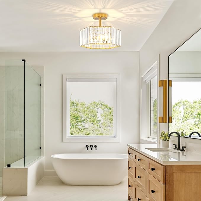 TOULMJ Crystal Semi Flush Mount Ceiling Light, 3-Light Modern Close to Ceiling Light Fixtures, Gold Hallway Light Fixtures Flush Mount Chandelier for Entryway Kitchen Bedroom Dining Laundry Room