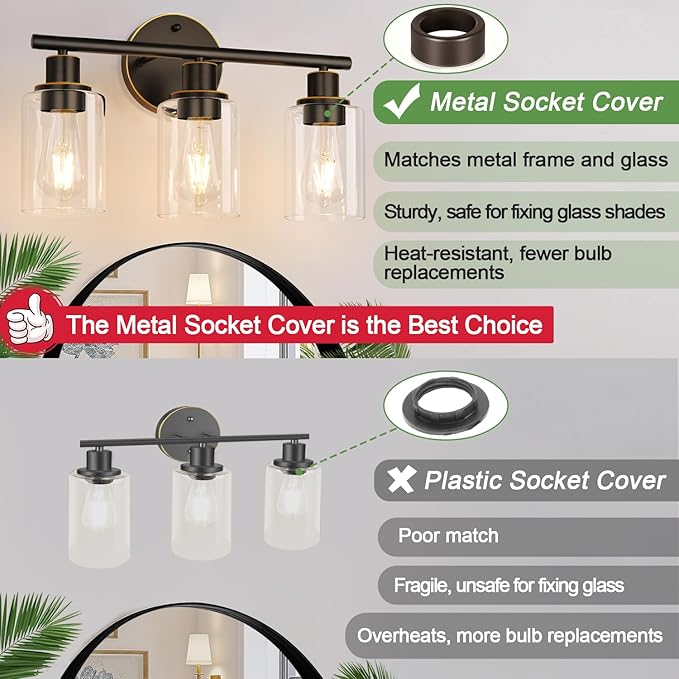 Zarbitta 3-Light Bathroom Light Fixtures, Brown and Gold Bathroom Wall Lights, Modern Vanity Light with Clear Glass Shade, Bathroom Wall Lamp for Mirror Hallway Cabinet