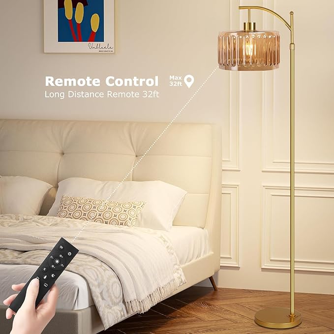 QIYIZM Floor Lamp for Living Room,Bedroom,Gold Dimmable Standing Lamp with Remote,Mid Century Modern Brass Tall Lamp Retro Vintage Glass Lamp Floor Light Boho Bohemian