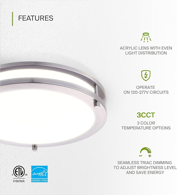 ASD LED 12" Round Flush Mount Lighting, Close to Ceiling Light Fixture | 3CCT, Dimmable, Energy Star, ETL Listed | 20W 1580LM 3000-5000K 100-277V | Low Profile Double Ring Lamp | Nickel, 4 Pack