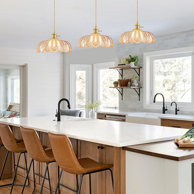 3 Pack Glass Pendant Lights Kitchen Island, Vintage Brass Pendant Light Fixtures, Adjustable Amber Kitchen Pendant Lighting Over Island for Bedroom Living Room Hallway Dining Room