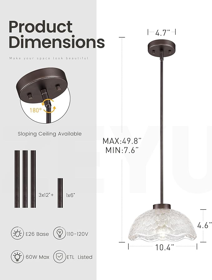 zeyu 2 Pack Pendant Lights, Kitchen Pendant Lighting Island, 10.4'' Glass Pendant Light Fixture with Clear Hammered Glass, Oil Rubbed Bronze Finish, ZJX116M1L-2PK ORB